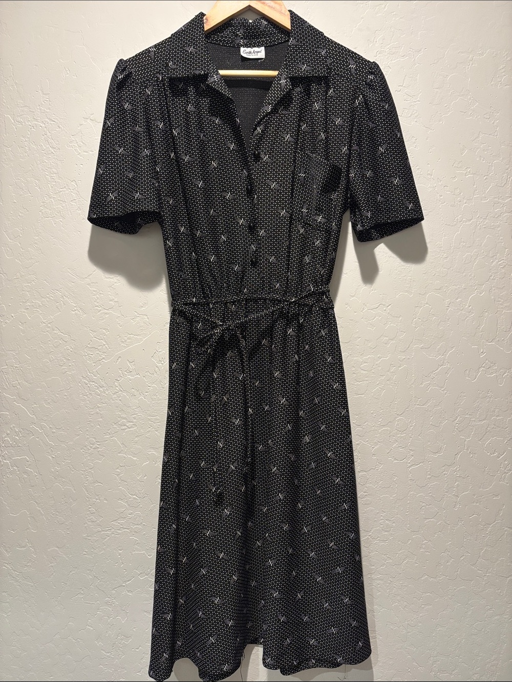 Vintage Black Midi Shirt Dress with White Dot & Floral Motif